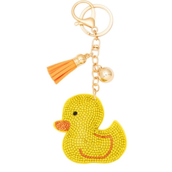 Bling Rhinestone Puffy Yellow Duck Tassel Keychain Purse Charm - Picture 1 of 1